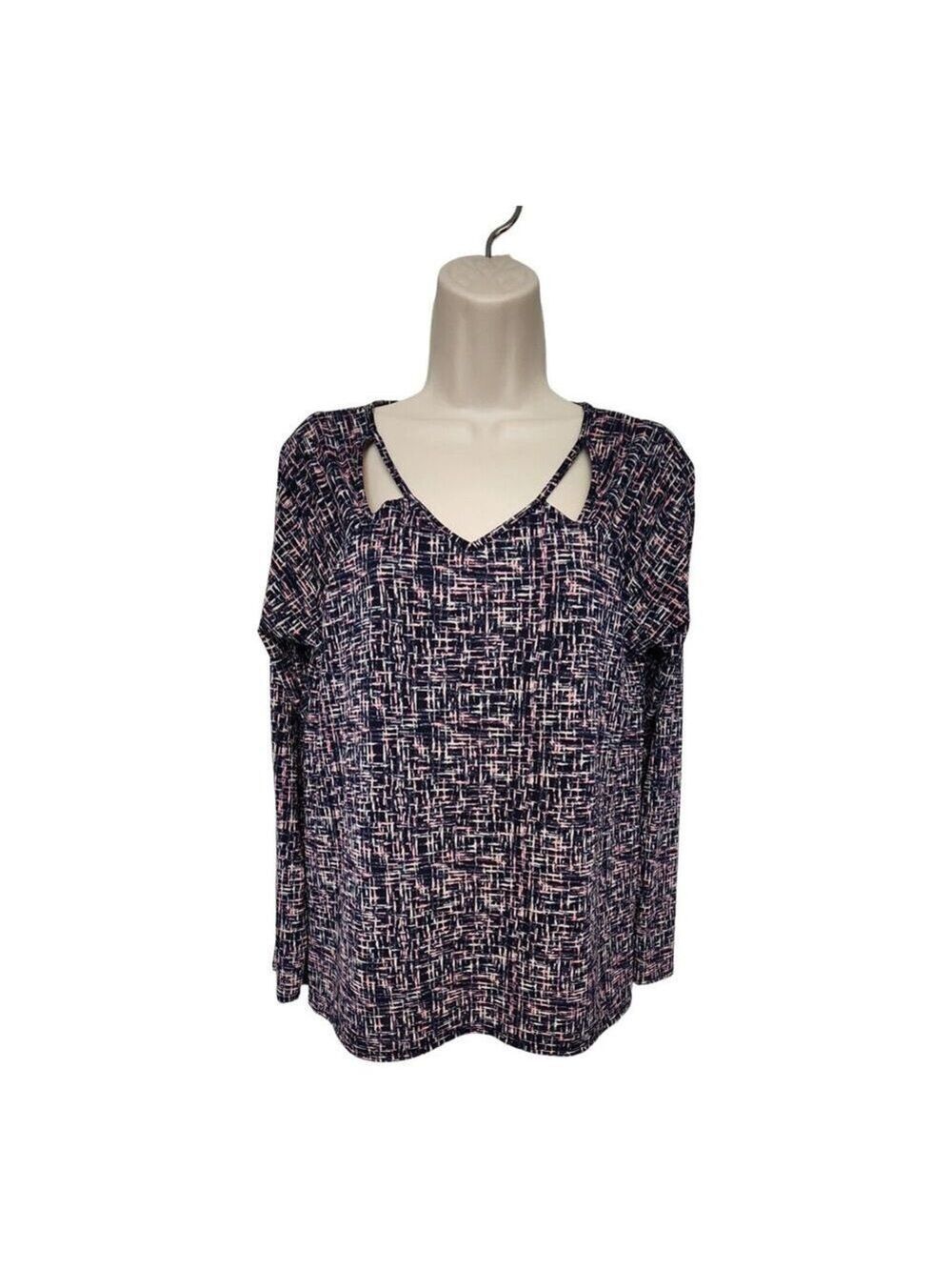 Cato Womens Purple Long Sleeve Abstract Tunic V-Neck Blouse Size Medium